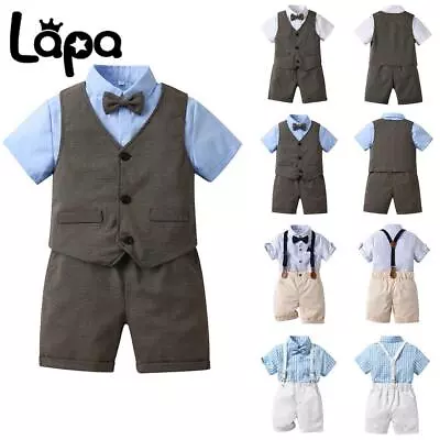 Baby Boys Gentleman Shirt Tops Suspender Shorts Outfits Set Formal Wedding Suit • £4.69