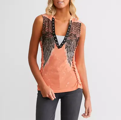 Affliction Women's “AGE OF WINTER” Angel Wings Deep V-Neck Coral Tank Top NWT • $78.11