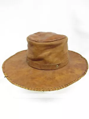 Vintage Mens All Leather Hat Cowboy Panama Whip Stitch Aged Leather 22  • $44.88