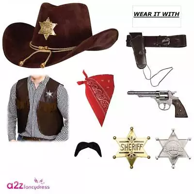 Sheriff Hat Adult Wild West W/Accessory Choices: Waistcoat Holster Gun Badge • £10.99