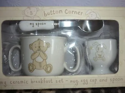 Button Corner My Ceramic Breakfast Set Mug Egg Cup & Spoon Boxed • £9.50