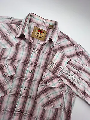 Larry Mahan Cowboy Collection Shirt Pearl Snap Pink/Blue Plaid Print Size Medium • $20.54