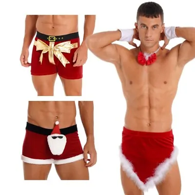 Mens Christmas Costume Low Rise Flannel Trimming Shorts Velvet Boxer Short Pants • £11.46