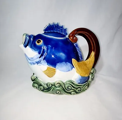 Vintage Multicolor Majolica Fish Pitcher With Lid Made In China  • $85.50