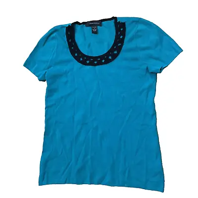 CABLE & GAUGE Top Women's M Teal Blue West Gran Retro Black-Trim Vapor TeeShirt • $10.78