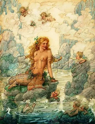 Mermaid Cherubs Underwater Sea Butterfly Fantasy Vintage Canvas Art Print  • $25.75