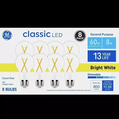 GE 60-Watt A19 Clear Bright White LED Glass Light Bulb - 800 Lumens ~ 8 Pack NEW • $17.94