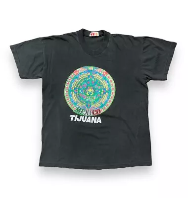 Vintage Mayan Calendar Shirt Tijuana 90s Faded Distressed Black Graphic Tee L • $24.99