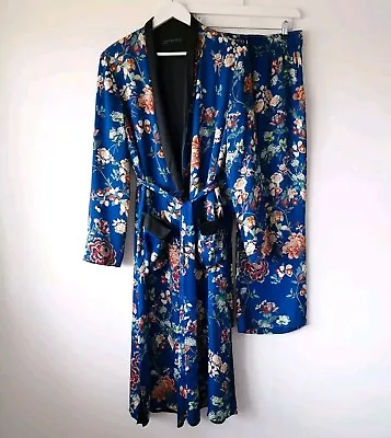 Zara Floral Satin Oriental Kimono Wrap Jacket And Trousers Size M Medium 10 12 • $74.69