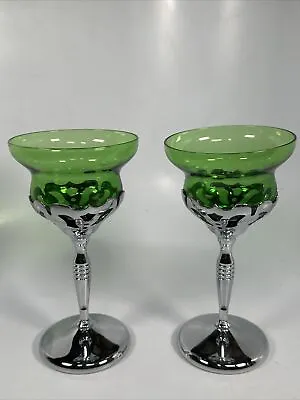 Farber Bros | Pair Of Green Stem Cocktail Liquor Chrome Deco Wine Glasses • $19.05