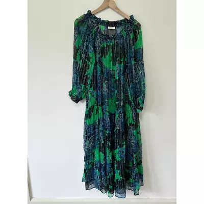 Megan Park Green Floral Sheer Long-Sleeve Maxi Dress Large • $59.99