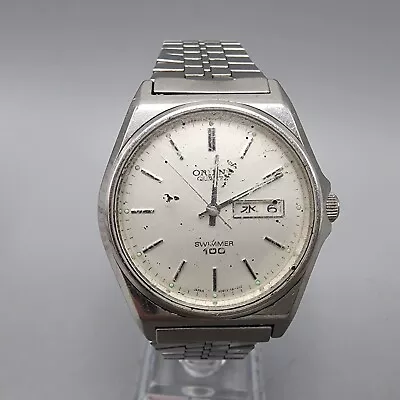 VTG Orient Swimmer 100 Watch Men Silver Tone White Dial Daydate 36mm New Battery • $29.99
