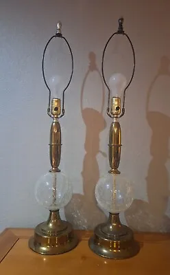 Pair Of Vintage Mcm 31  Brass And Crystal Glass Globes Table Desk Lamps • $60