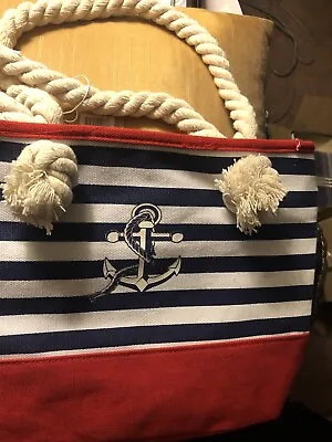 NAUTICAL Tote Navy & White Striped Red Bottom Canvas Rope Handle Beach NWT • $5.95