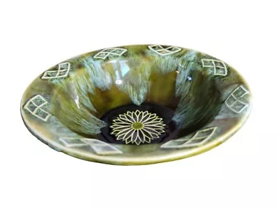 Vintage California Pottery USA Green Glazed Bowl Flower Floral Boho Motif • $24