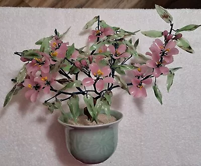 LARGE Vintage Jade Glass Bonsai Tree Pink Flowers Blended Green  Leaves 12  Tall • $69