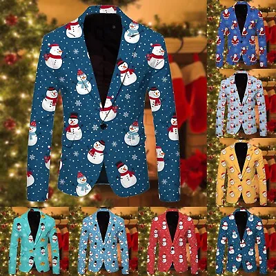 Christmas Tuxedo Suit Jacket For Mens Xmas Santa Claus Printed Blazer One Button • $38.59