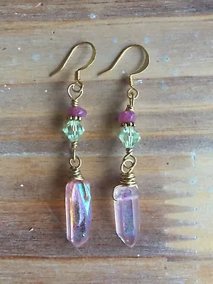 Mystic Rose Quartz Point Dangle Earrings (Pair) With Swarovski Pink Tourmaline • $38