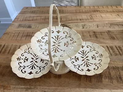 Vintage Cake/Candy Serving Tray 3-Tier Folding Cream Dish W/Handle MCM • $18.99