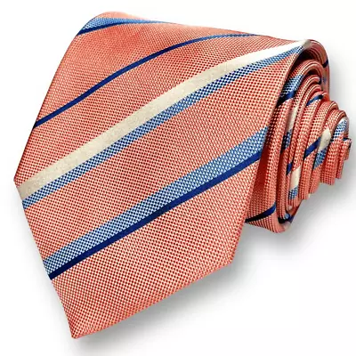 SALVATORE FERRAGAMO Men’s Pink + Blue Striped 100% Silk Luxury Designer Tie • $59.99