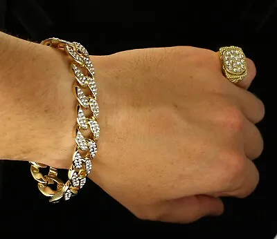 Mens 2pc CZ Bracelet Ring Set Miami Cuban Link Iced 14k Gold Plated Hip Hop • $12.99