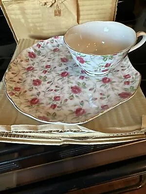 Set Of 4 Vintage Lefton Snack Plates Cups Rosebud Chintz Pattern New In Box • $39