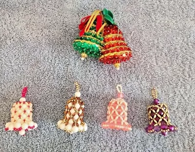 Lot Of 5 Homemade Vintage Christmas Bell Ornaments - Beads And Sequins • $9.95