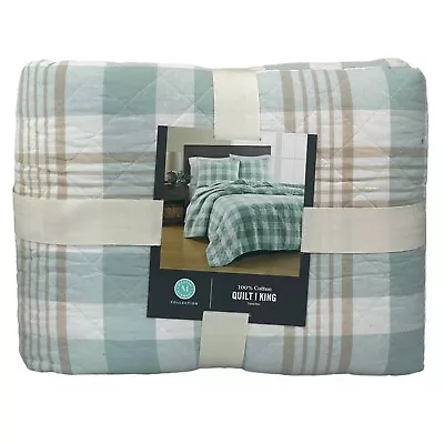 Martha Stewart Buffalo Plaid Yarn Dye Cotton KING Quilt TAN - BLUE • $75.44