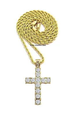 Mens Gold Micro Cross Pendant Rope Chain Necklace Hip Hop • $13.99