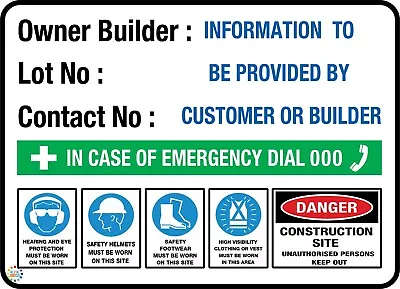 Owner Builder Construction Site Safety Sign - Various Sizes & Substrate (bd24) • $40.69