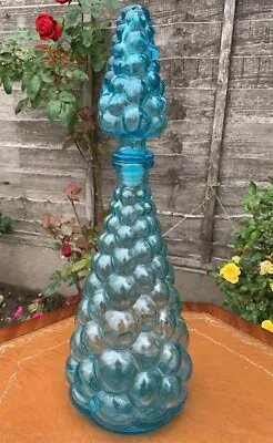 Beautiful Vintage Tall Glass Genie Bottle With Stopper Blue In Colour (c1) • £49.99