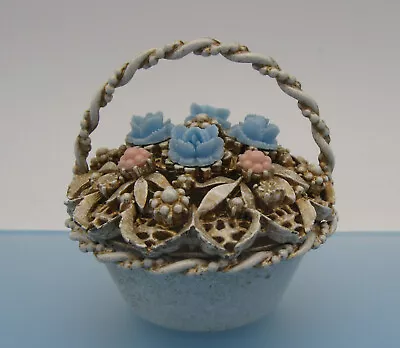 Vintage Small Florenza Signed Pink Blue Flower Basket Trinket Ring Box 2.25  • $65