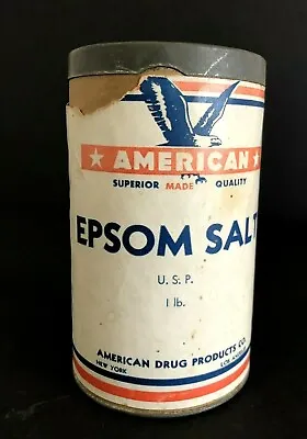 Vintage American Epsom Salt Cardboard & Tin Container 4 3/8  Tall • $16
