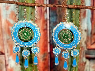 Long Blue And Green Chandelier Earrings Handmade Gourd Oaxaca Mexican Folk Art • $25