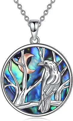 Owl Raven Necklace Sterling Silver Crow Crescent Pendant Abalone Viking Jewelry • $83.67