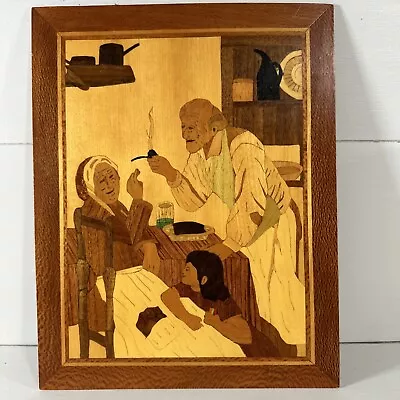 Folk Art Marquetry Wood Inlay Grandparents Family Scene Wall Plaque ~ 12” X 10” • $20