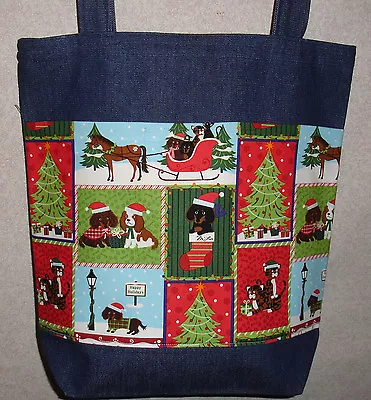 NEW Handmade Large Christmas Holiday Scenes Dachshund Dogs Denim Tote Bag • $21.99