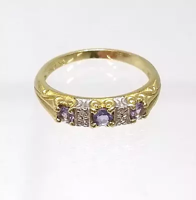 Tanzanite 3 Stone Ring Diamond Accents 9ct Yellow Gold Antique Style Size M & N • £119