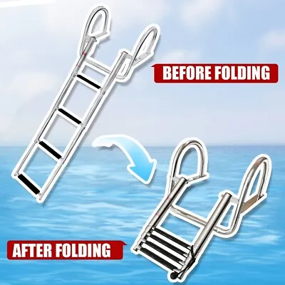 Boat Folding Ladder Stainless Steel 4 Step Pontoon Yacht Telescopic Swimming • $93
