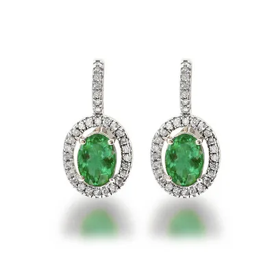 Emerald And Diamond Natural Oval Cut Halo Dangle Earring 14k White Gold  • $1530