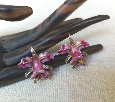 Vintage Enamel Marcasite Orchid Clip On Earrings • $27