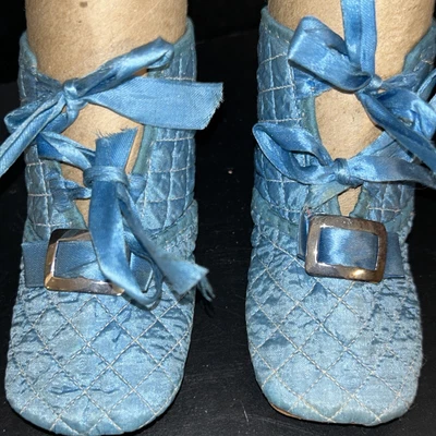 $42 • Buy 4.25  Antique VICTORIAN DOLL SHOES Silk W Laces - For Large Bisque Germany Doll