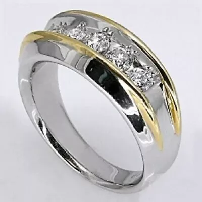 Men's Wedding Band Ring 14K Two Tone Gold Plated 1.75CT Round Simulated Diamond • $76.04