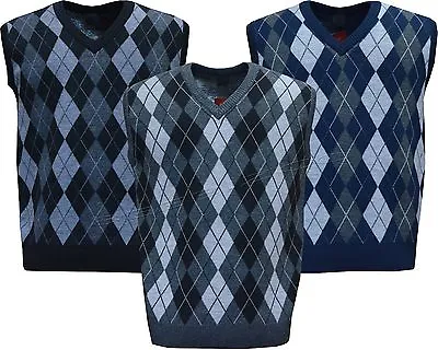 Mens Argyle V Neck Sleeveless Sweater Jumper Tank Top Jersey Golf Casual S - 2XL • £11.99