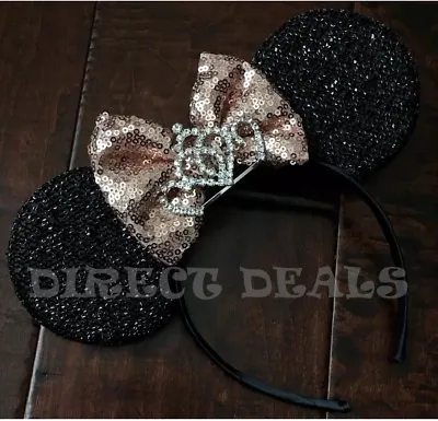 Minnie Mouse Ears Headband Tiara Crown Shimmer Black Rose Gold Bow Mickey Favors • $12.95