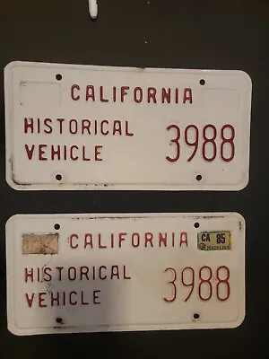 Pair Of Vintage 1985 CALIFORNIA HISTORICAL VEHICLE  License Plates 3988 • $99.99