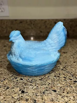 Vintage Large Blue Glass Milk Glass Hen On Nest • $20