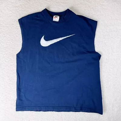 Vintage 90s Nike Swoosh Navy Muscle Tee Tank • XL • $17.99