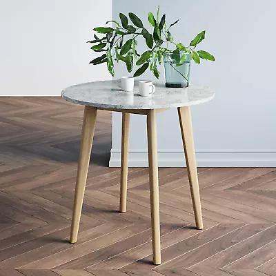 Round Bistro Dining Table With Legs In Tan Wood Finish And Faux White Marble Top • $160.99