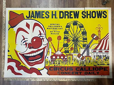 $199.99 • Buy Vtg 60s James H. Drew Shows Circus Calliope Paper Circus Poster Full Color